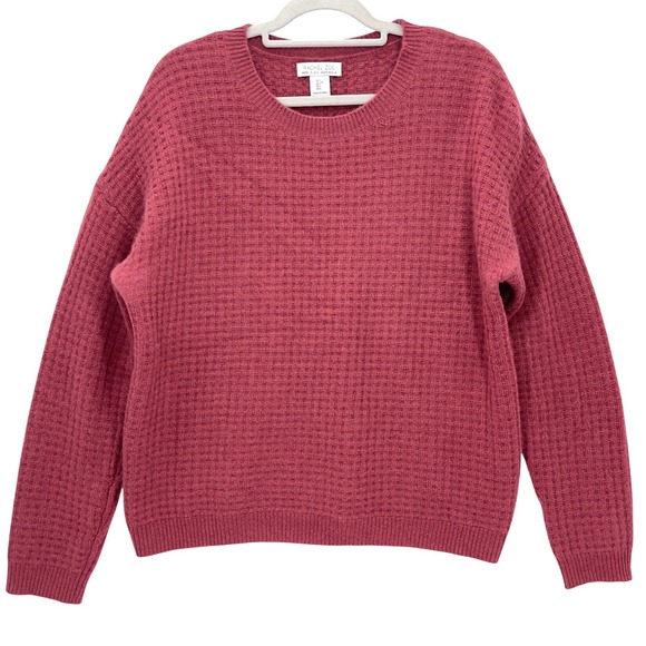 Rachel Zoe Sweaters - Rachel Zoe Pink Cashmere Waffle Knit Sweater L Crew Neck Drop Shoulder Luxury